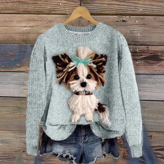 Womens Printed Crew-Neck Chunky-Knit Faux Sweater