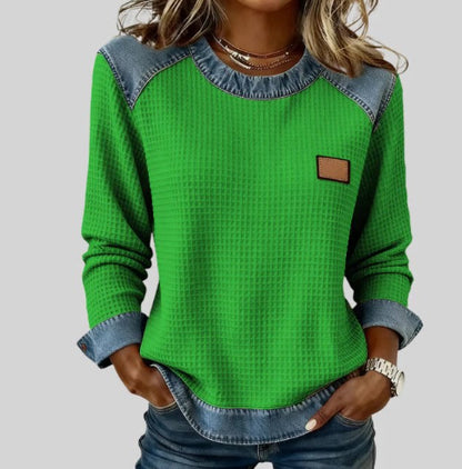 Womens Denim Round-Neck 3D Digital Print V-Neck T-Shirt