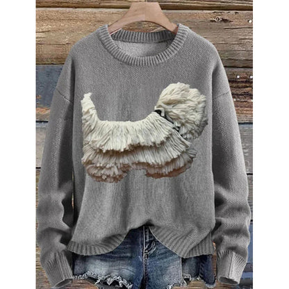 Womens Printed Crew-Neck Chunky-Knit Faux Sweater