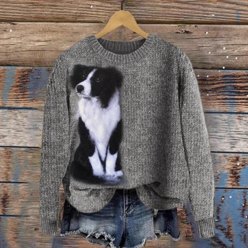 Womens Printed Crew-Neck Chunky-Knit Faux Sweater