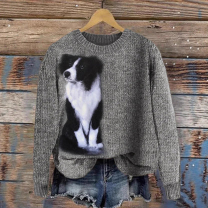 Womens Printed Crew-Neck Chunky-Knit Faux Sweater