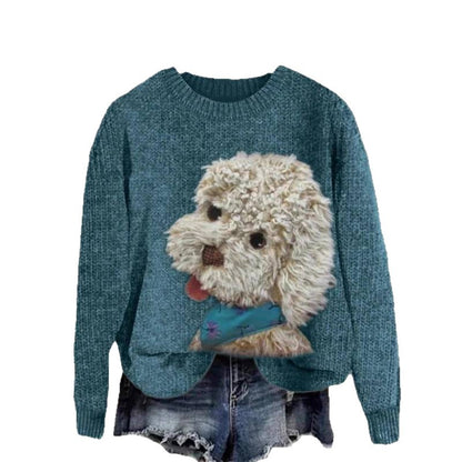 Womens Printed Crew-Neck Chunky-Knit Faux Sweater