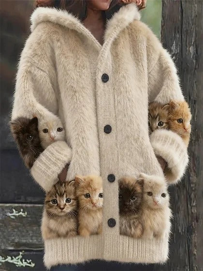 Womens Mid-Length Plush Cartoon Hooded Coat