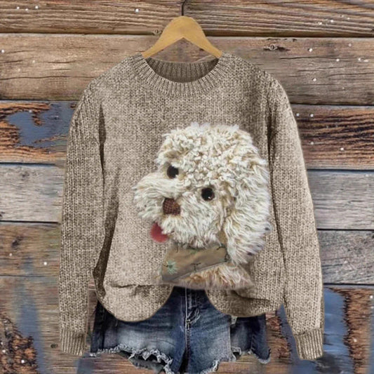 Womens Printed Crew-Neck Chunky-Knit Faux Sweater