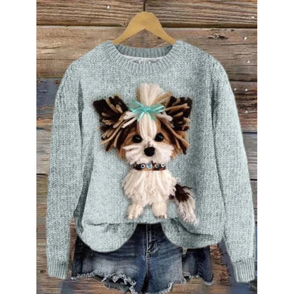 Womens Printed Crew-Neck Chunky-Knit Faux Sweater