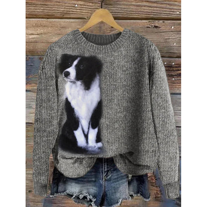 Womens Printed Crew-Neck Chunky-Knit Faux Sweater