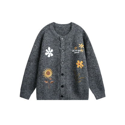 Retro Preppy Style Floral Embroidery Cardigan Sweater