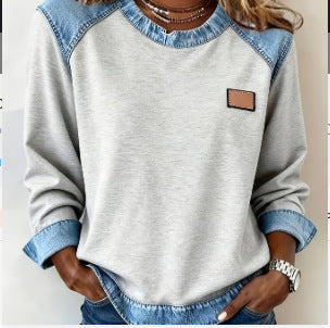 Womens Denim Round-Neck 3D Digital Print V-Neck T-Shirt