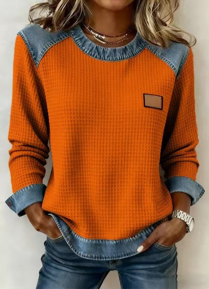 Womens Denim Round-Neck 3D Digital Print V-Neck T-Shirt