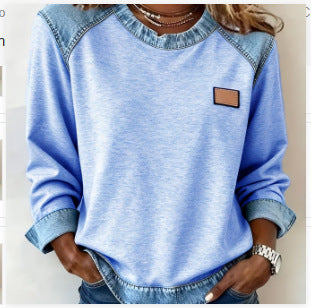 Womens Denim Round-Neck 3D Digital Print V-Neck T-Shirt