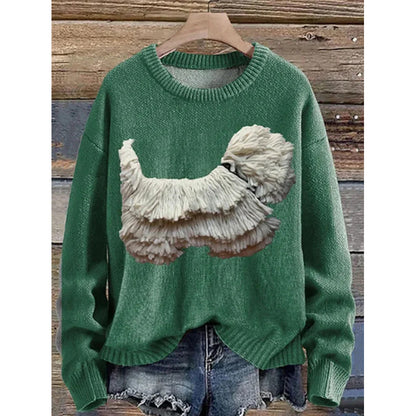 Womens Printed Crew-Neck Chunky-Knit Faux Sweater