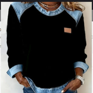 Womens Denim Round-Neck 3D Digital Print V-Neck T-Shirt
