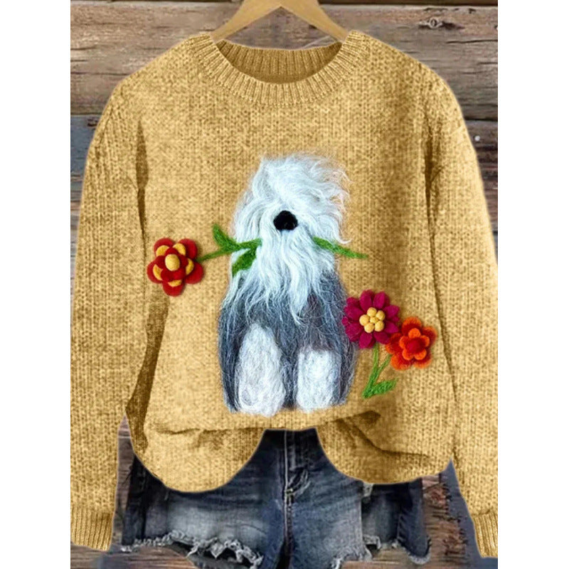 Womens Printed Crew-Neck Chunky-Knit Faux Sweater
