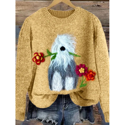 Womens Printed Crew-Neck Chunky-Knit Faux Sweater