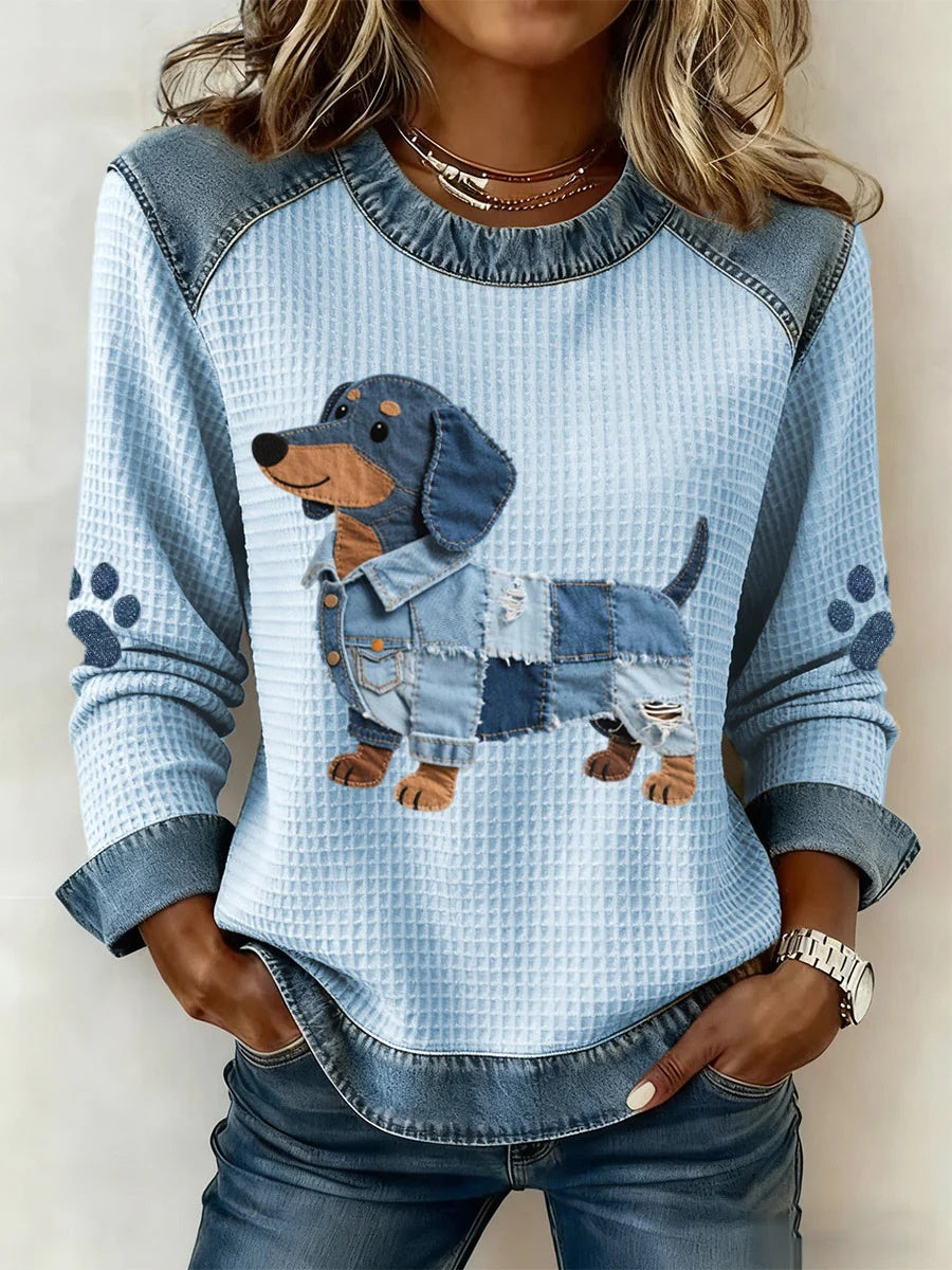 Womens Denim Round-Neck 3D Digital Print V-Neck T-Shirt