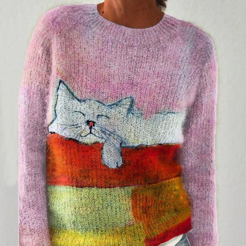 New AutumnWinter Abstract Cat-Print Drop-Shoulder Sweater