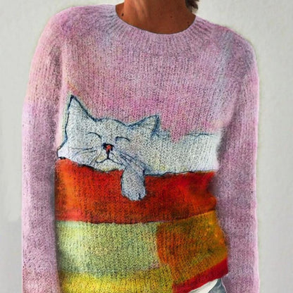 New AutumnWinter Abstract Cat-Print Drop-Shoulder Sweater