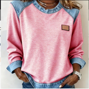 Womens Denim Round-Neck 3D Digital Print V-Neck T-Shirt
